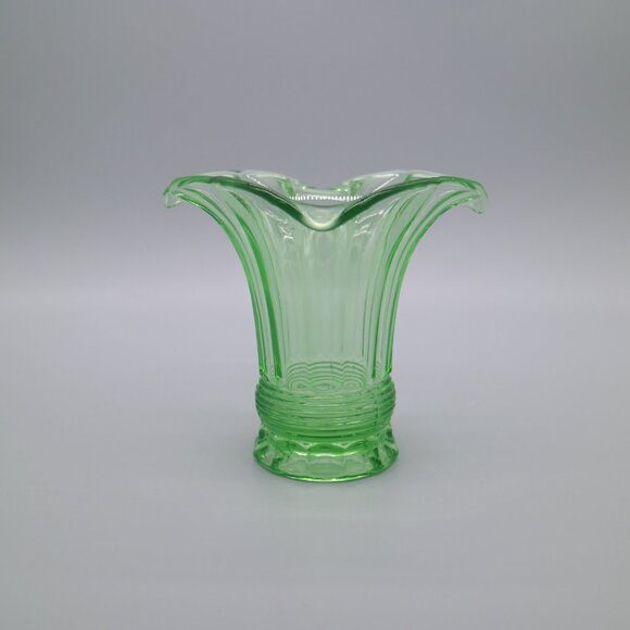 Vintage Green Uranium Glass 5" Vase | Flared Shape w/ Scalloped Edge - Picture 4 of 8